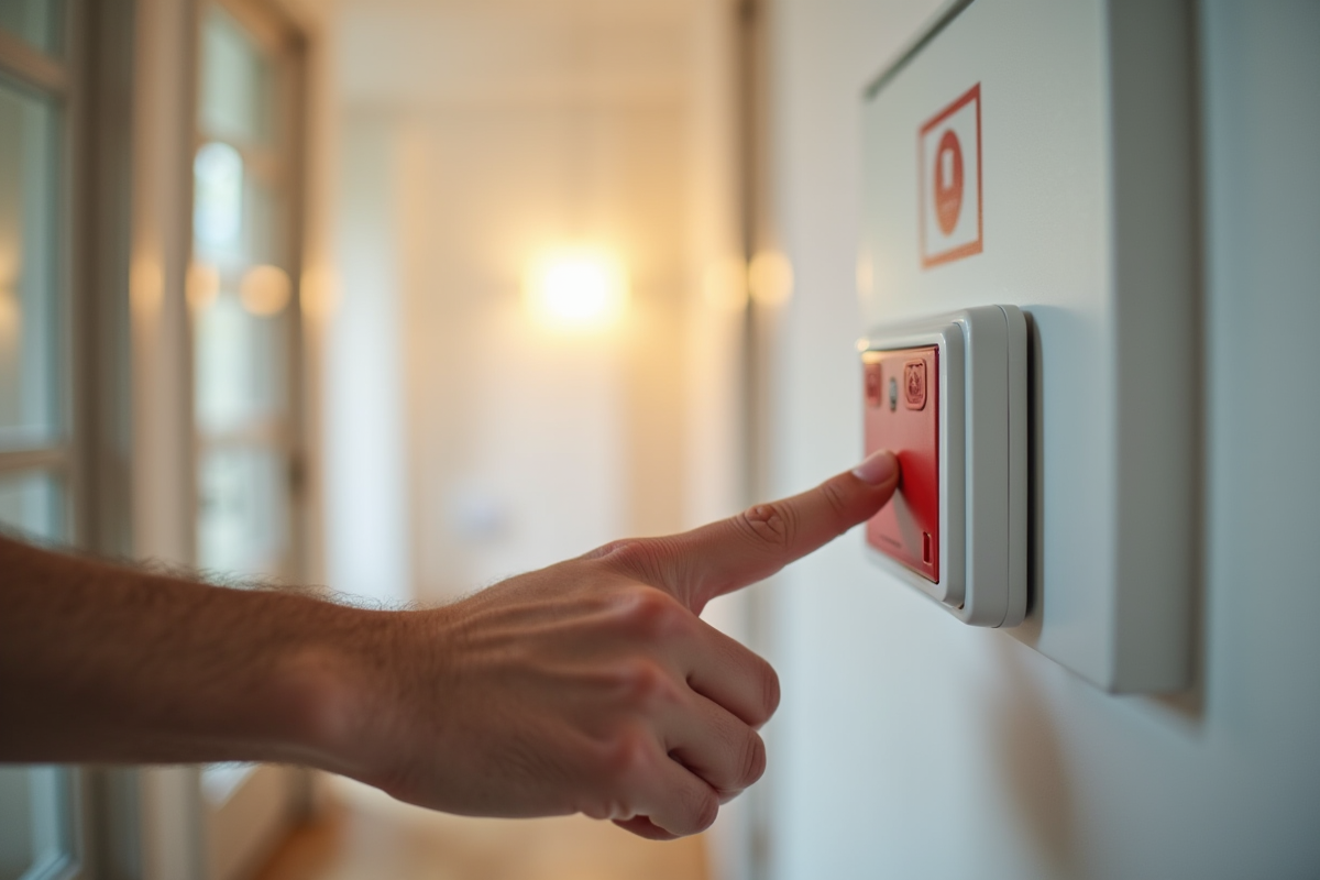 Main adulte appuyant sur un bouton dalarme d urgence mural dans un couloir lumineux