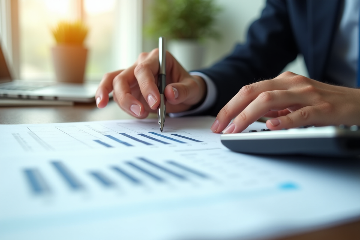 Main d'un professionnel analysant des documents financiers