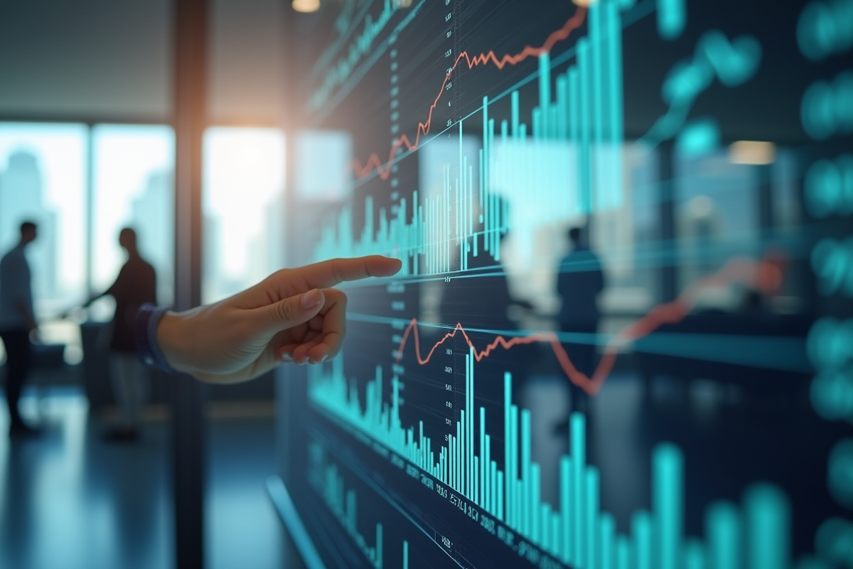 Personne analysant des graphiques financiers dans un bureau lumineux