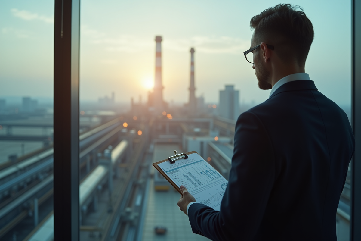 Personne analysant une ligne de production industrielle avec graphique
