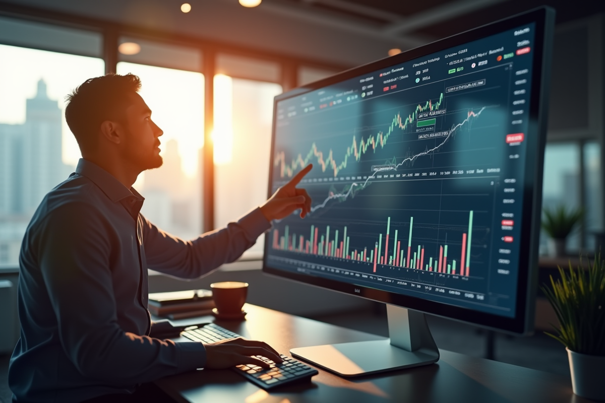 Analyste financier examinant des données ETF sur un grand écran