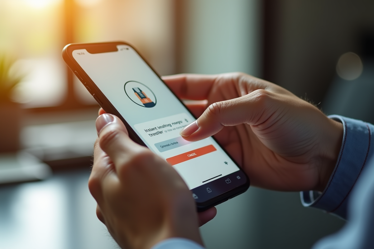 Main hésitante au-dessus d'un smartphone en transfert bancaire