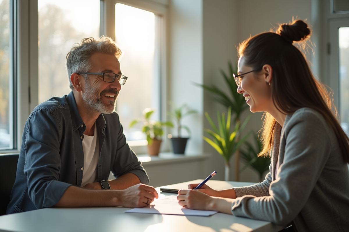 Adultes signant des papiers dans une banque lumineuse