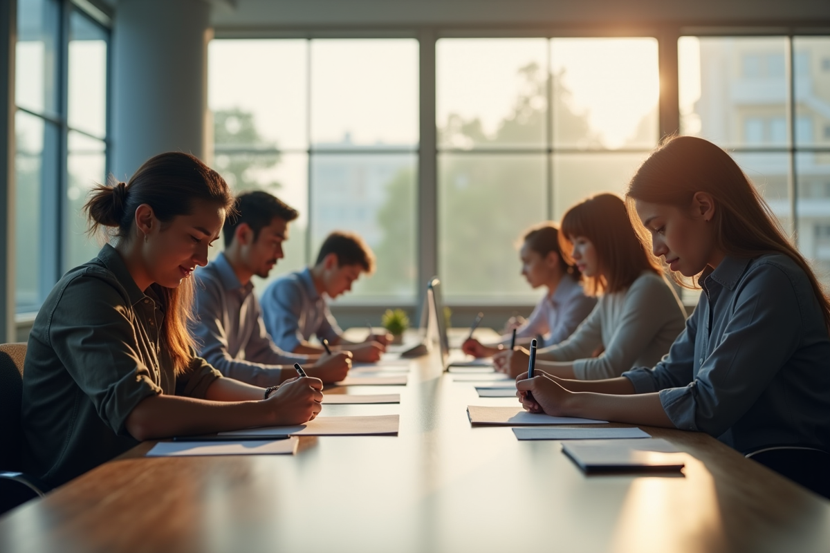 Bureau administratif avec personnes remplissant des formulaires