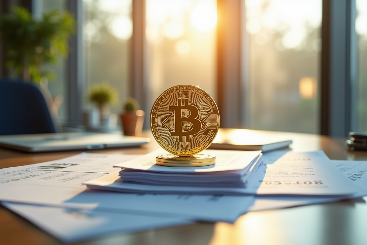 Table de bureau moderne avec bitcoin en or et documents financiers