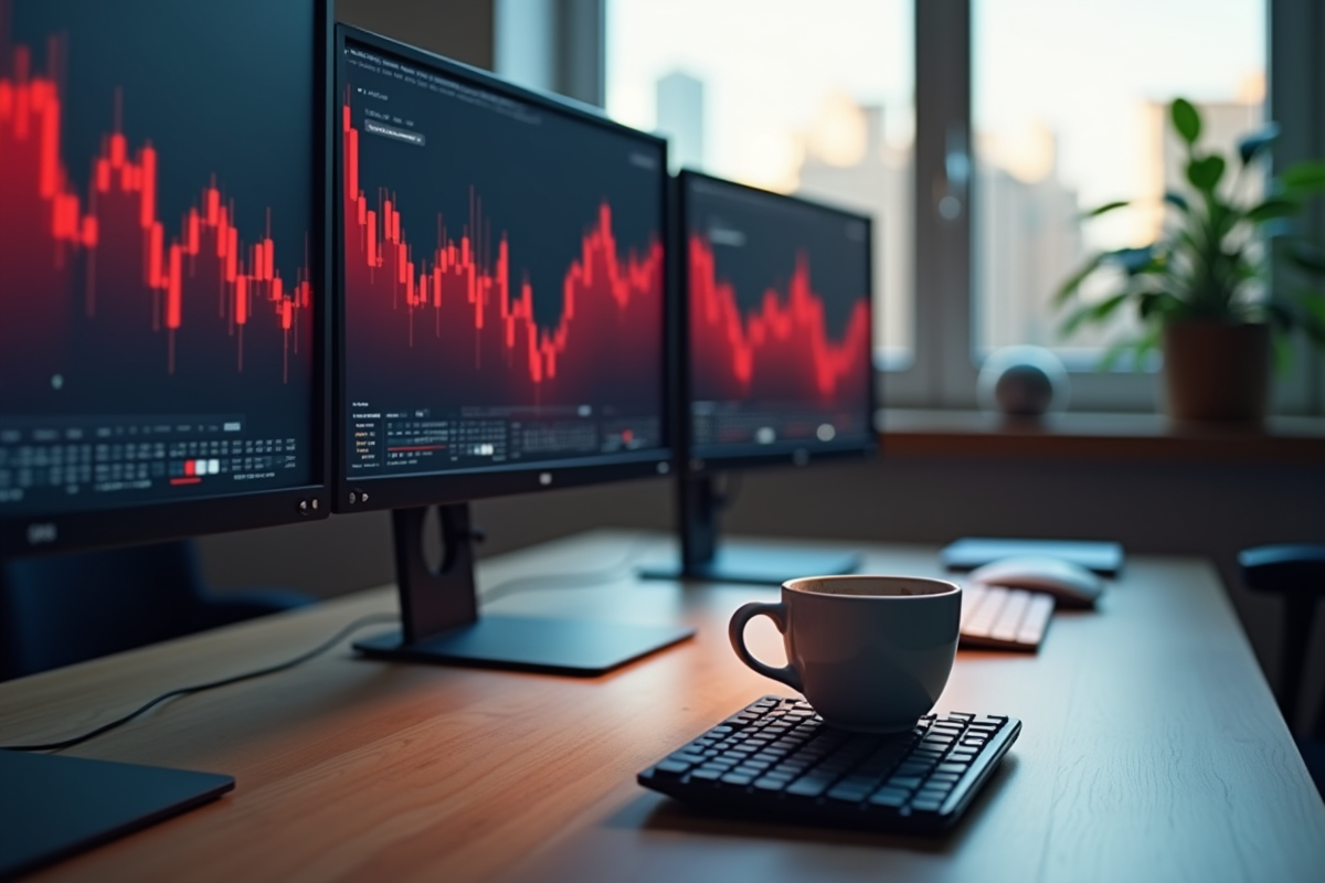 Bureau moderne avec écrans de bourse et graphiques rouges