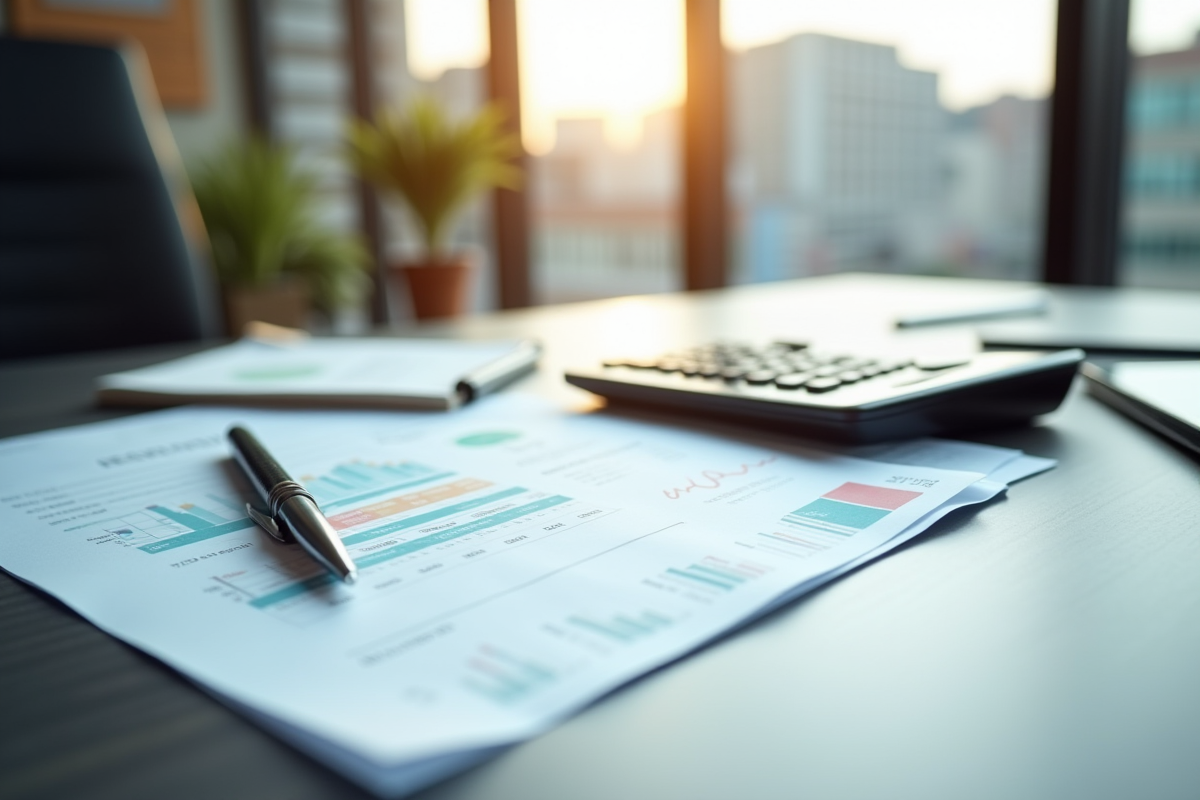 Bureau moderne avec documents financiers et calculatrice
