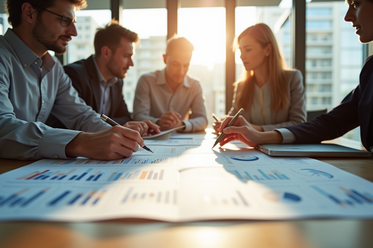 Groupe de professionnels dans un bureau moderne analysant des graphiques financiers