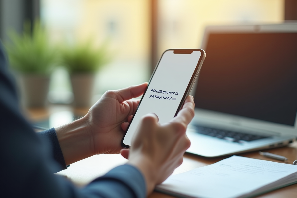 Personne tenant un smartphone avec rappel de paiement dans un bureau lumineux