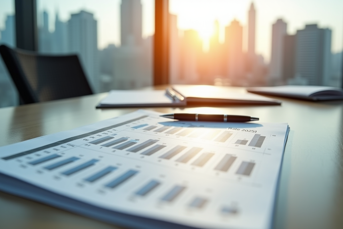 Bureau moderne avec rapport financier et graphique 2025