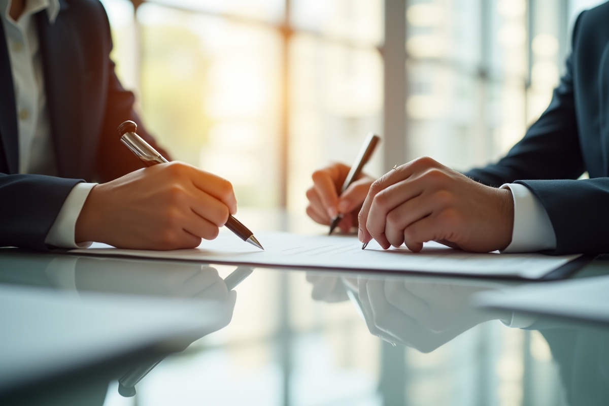Intérieur de bureau moderne avec signature de documents immobiliers