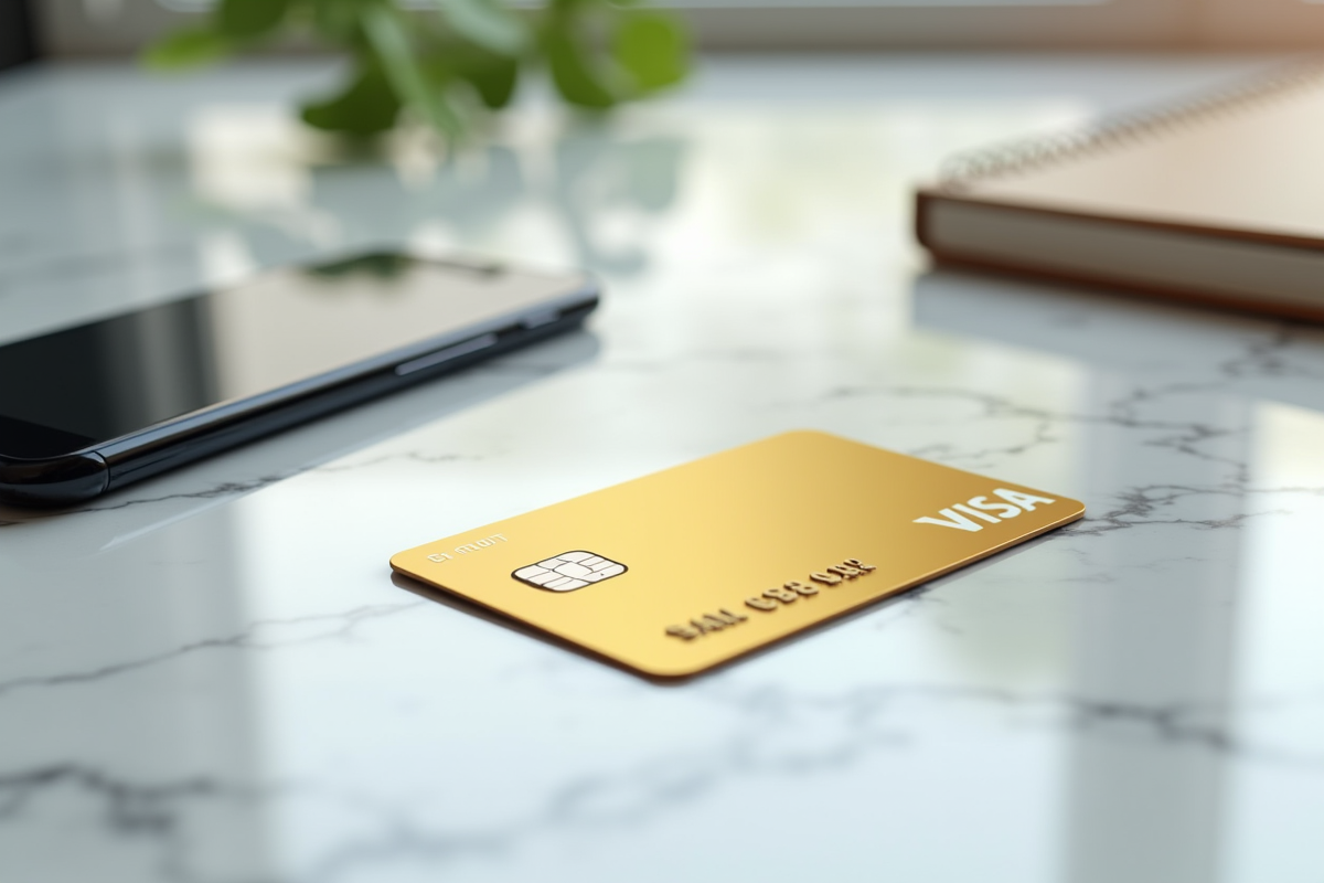 Carte de debit en or sur bureau en marbre blanc