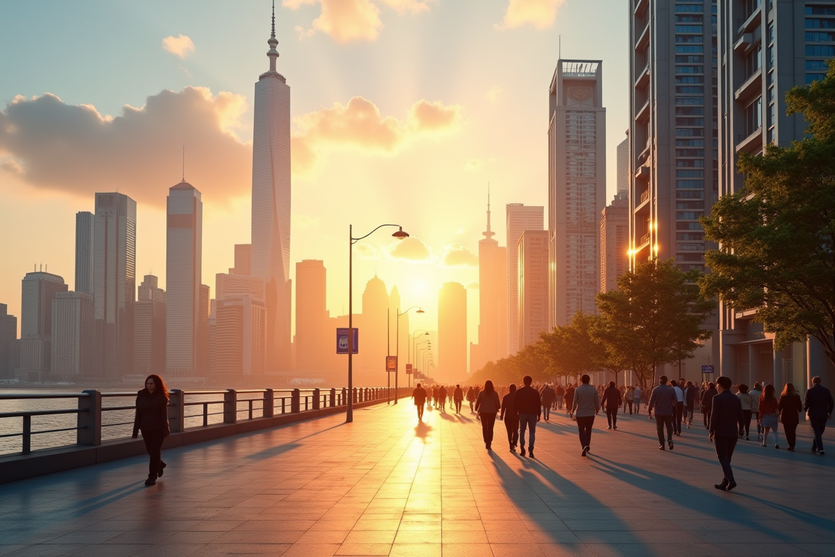 Silhouette d'une ville moderne au lever du soleil avec des gratte-ciel et des passants