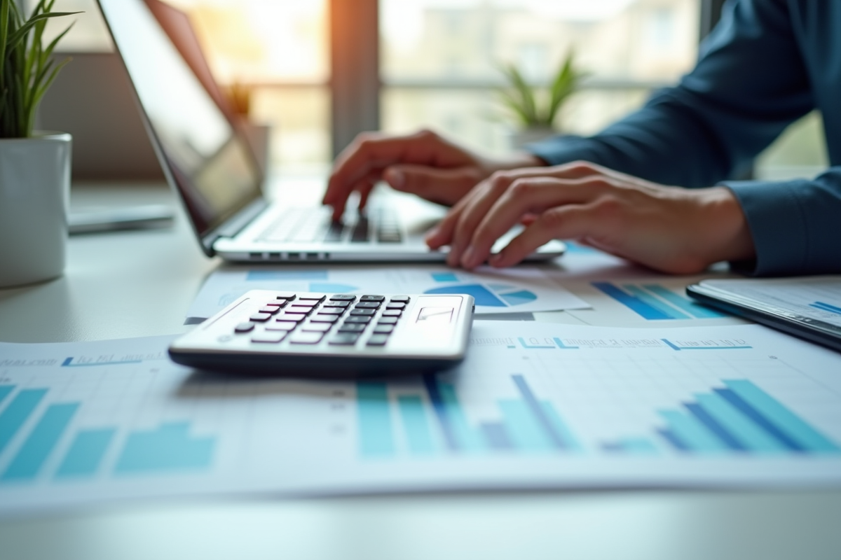 Mains tapant des données financières sur un ordinateur portable