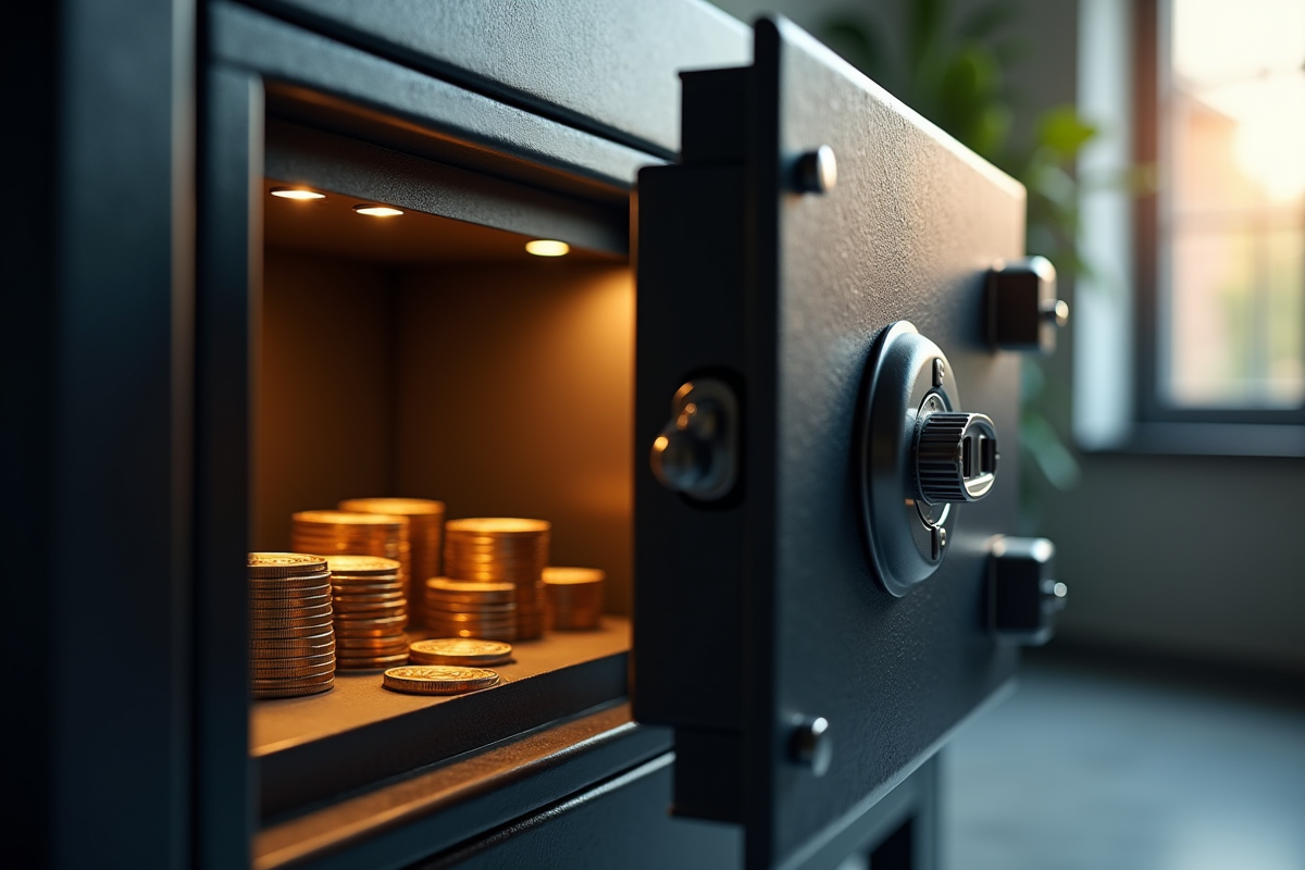 Coffre-fort métallique ouvert avec pièces Bitcoin et clés USB cryptées