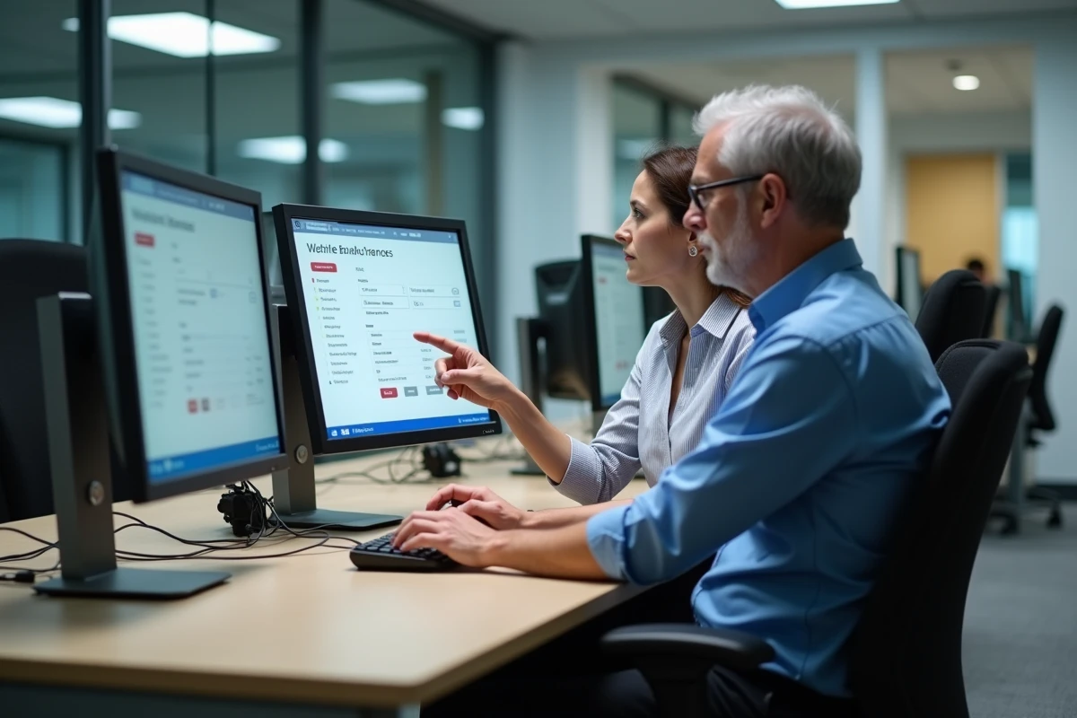 Deux collègues effectuant un virement bancaire en ligne sur Logitelnet dans un bureau professionnel