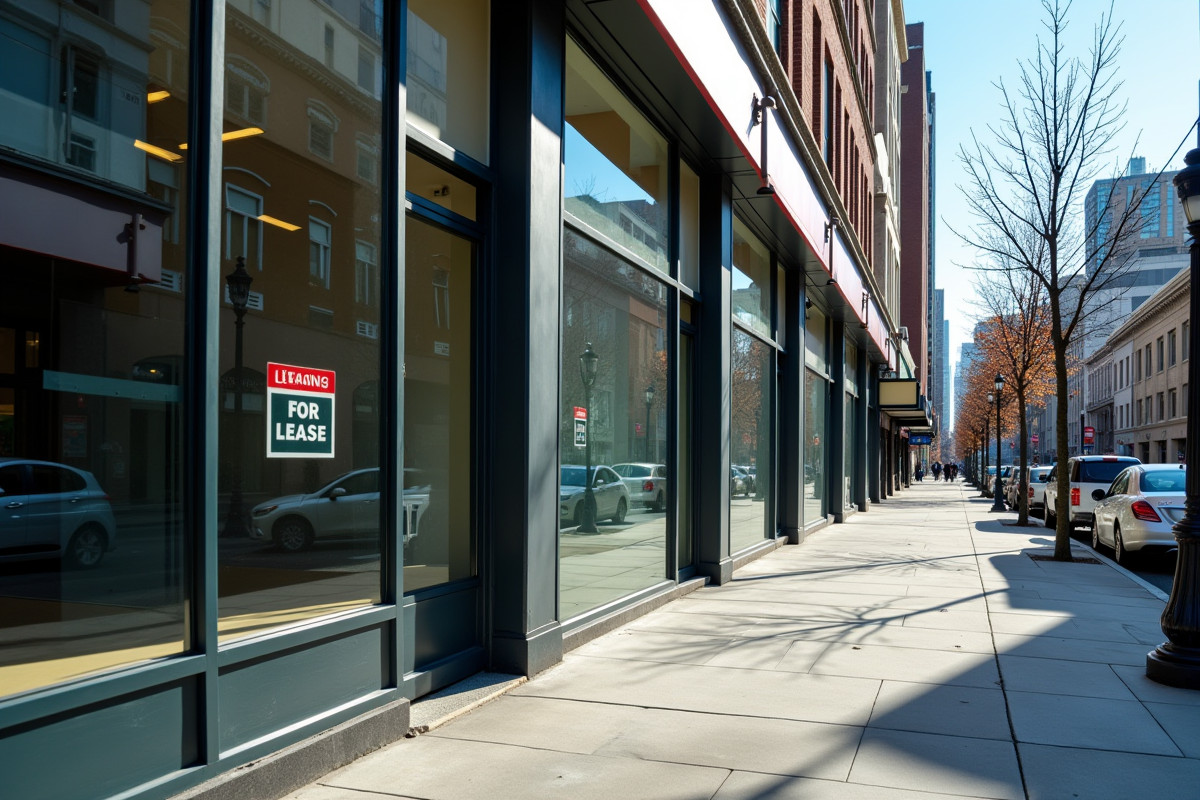 Vitrines vides avec panneaux a louer sur une rue en journée