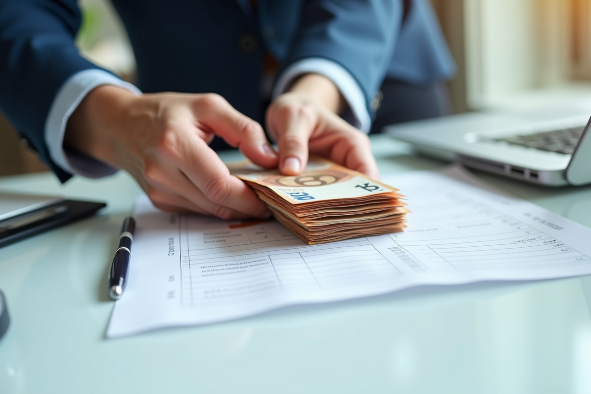 Main comptant des billets d'euros sur un bureau lumineux