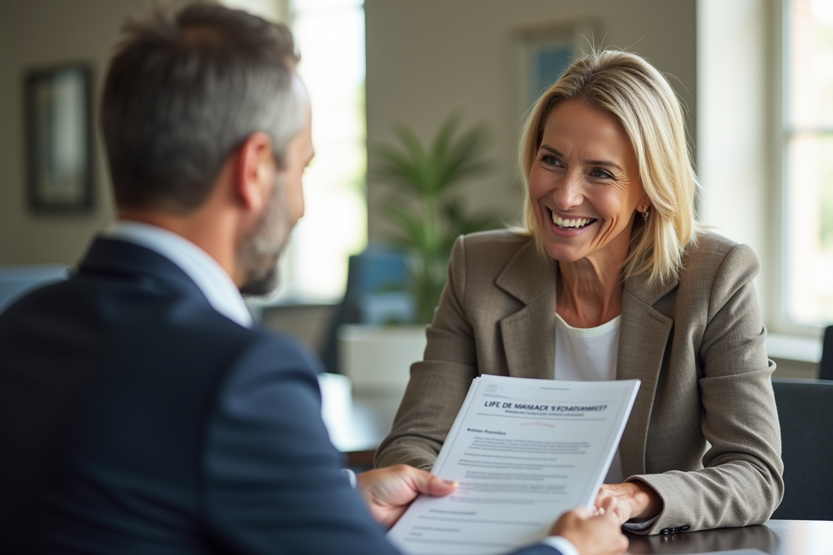 Conseiller financier souriant remettant documents d'assurance vie à une femme