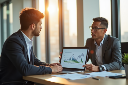 Conseiller financier discutant des risques d'obligations avec un client dans un bureau lumineux
