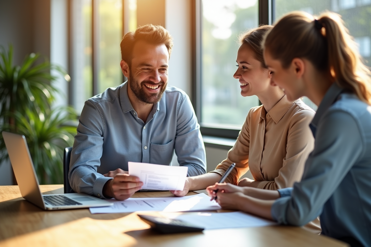 Conseiller financier souriant expliquant un plan de remboursement à un couple