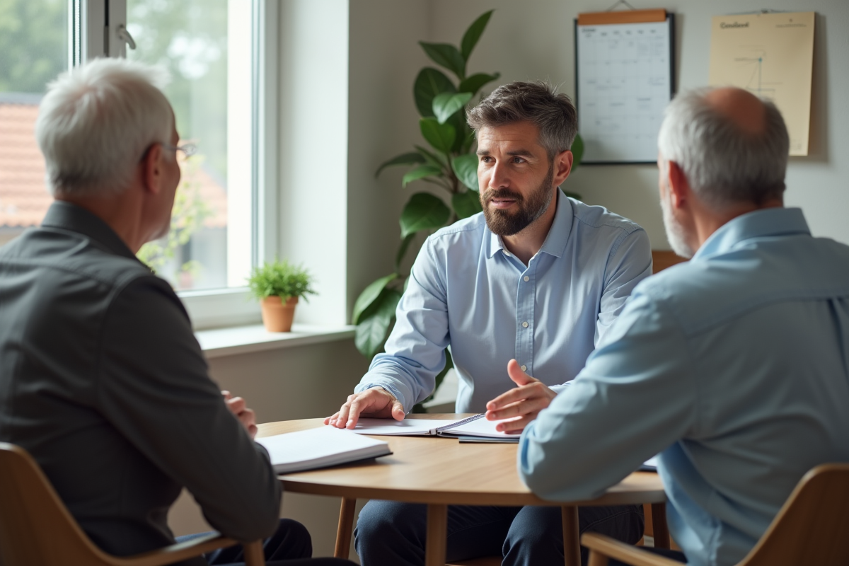 Conseiller financier rencontrant un couple dans une salle lumineuse