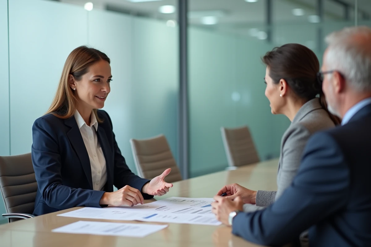 Une conseillère financière explique les modalités de versement d'une assurance vie à un couple dans une agence professionnelle
