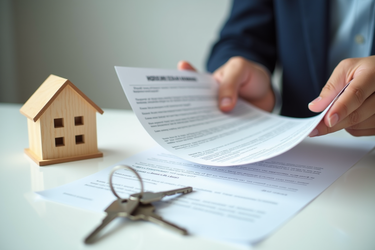 Mains tenant contrat de prêt immobilier avec clés et petite maison