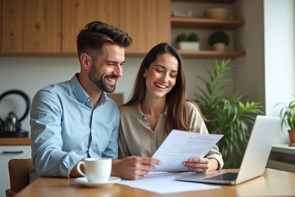 Jeune couple en cuisine examinant des documents d'assurance