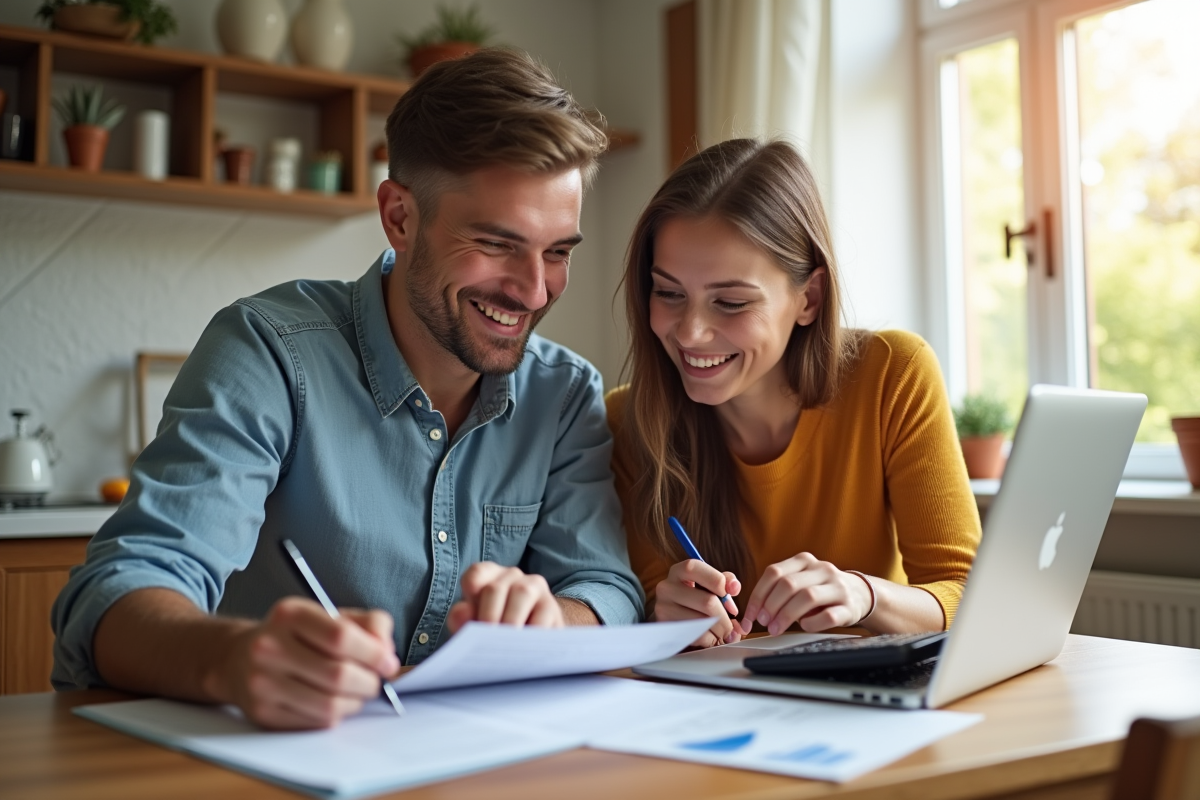 Jeune couple souriant examinant des documents immobiliers à la maison