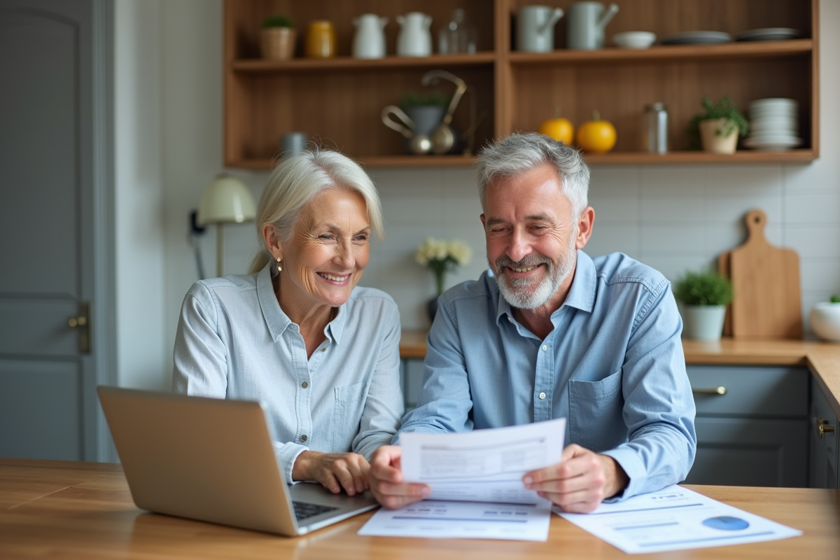 Couple d'adultes en cuisine moderne analysant des documents financiers