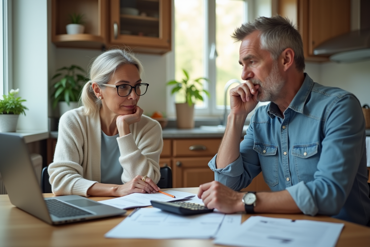 Couple réfléchissant à la retraite avec documents financiers
