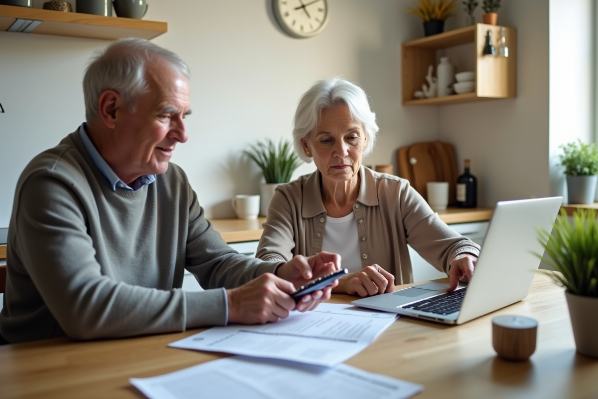 Couple mature examinant des documents financiers à la cuisine