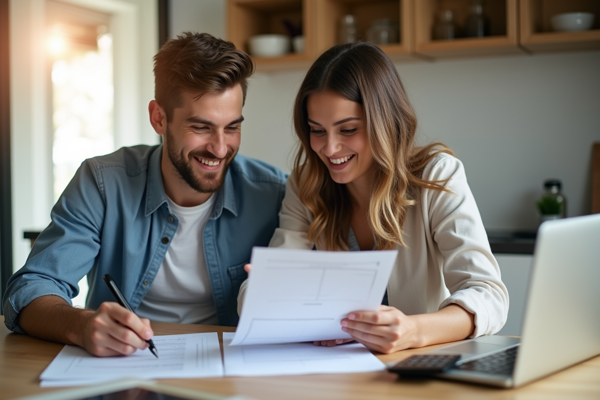 Jeune couple professionnel examine documents de prêt à la cuisine