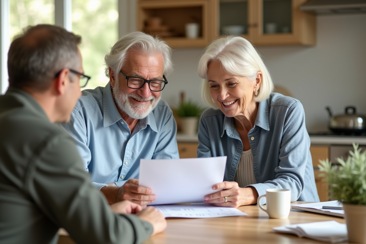Couple senior souriant avec documents financiers à la maison