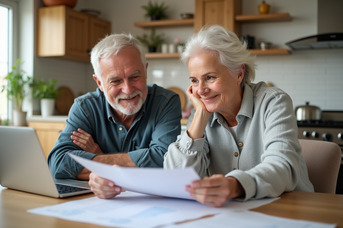 Couple souriant analysant des documents d'epargne retraite