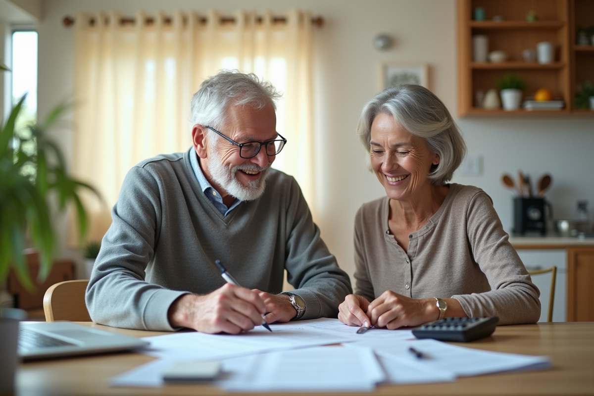 Couple senior souriant à la retraite dans la cuisine