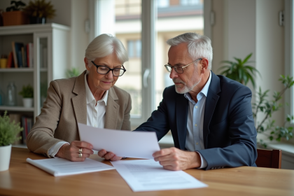Couple senior en r&eacute;union de pension &agrave; la maison