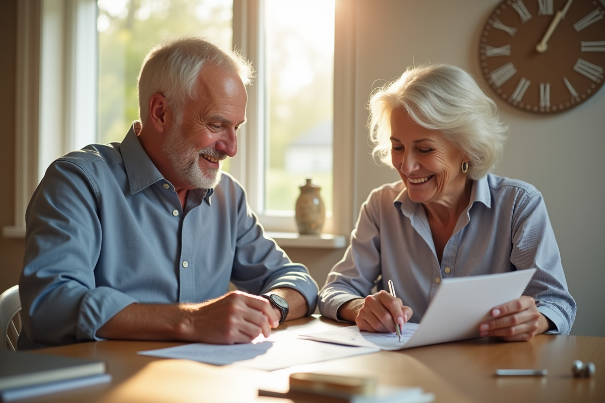 Couple senior souriant discutant de documents financiers à la cuisine