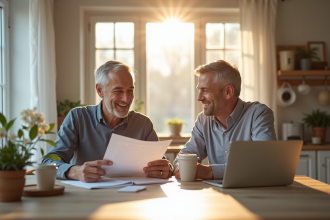Couple souriant vérifiant documents d'assurance vie ensemble