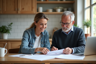 Couple d'adultes travaillant à la cuisine moderne