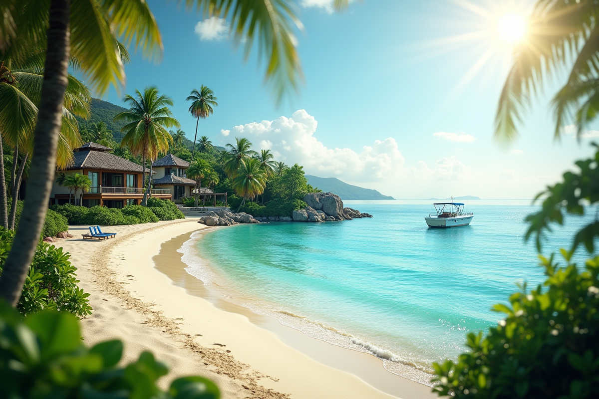 Côte tropicale avec eaux turquoise et villas de luxe entourées de palmiers