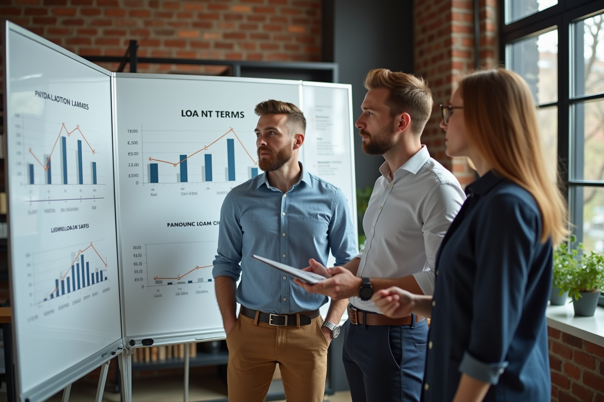 Trois entrepreneurs discutant de prêts dans un espace de coworking