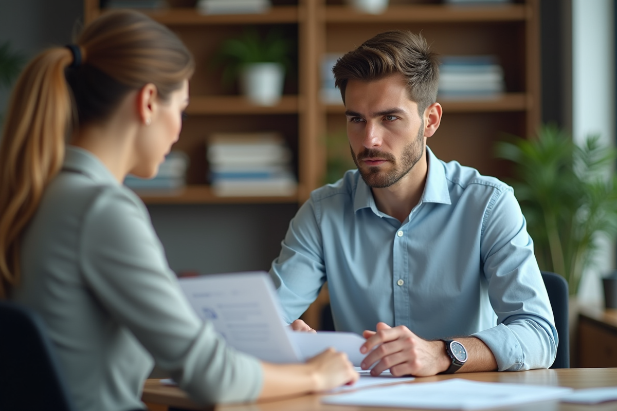 Jeune homme discutant avec une conseillère bancaire