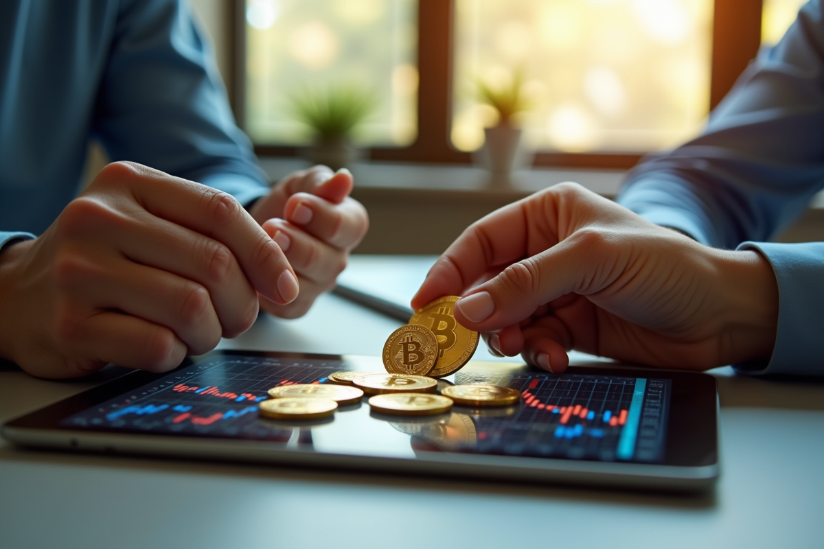 Echange de bitcoins physiques et graphiques sur tablette dans un bureau