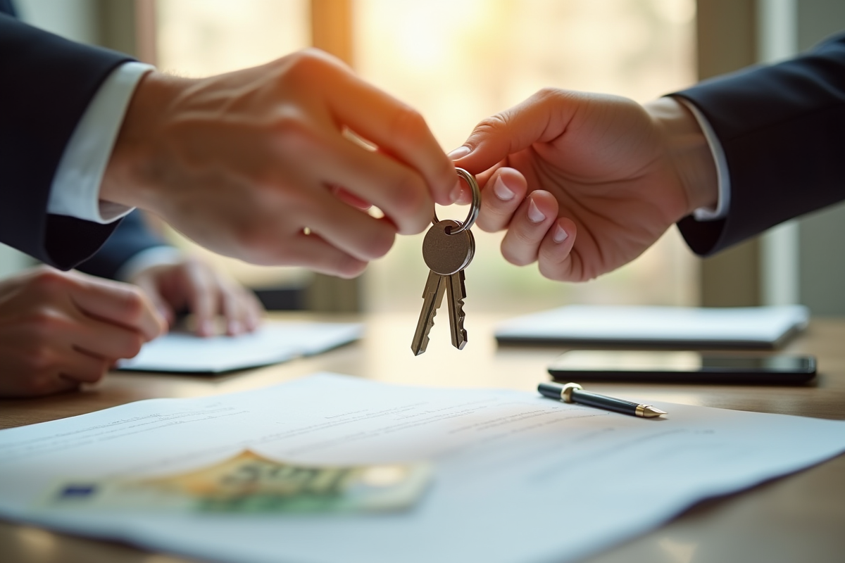 Main échangeant des clés de maison sur un contrat signé
