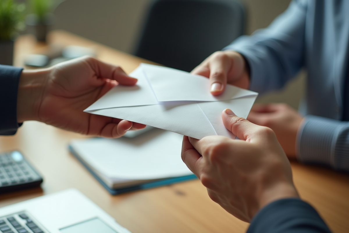 Main échangeant une enveloppe avec documents sur bureau
