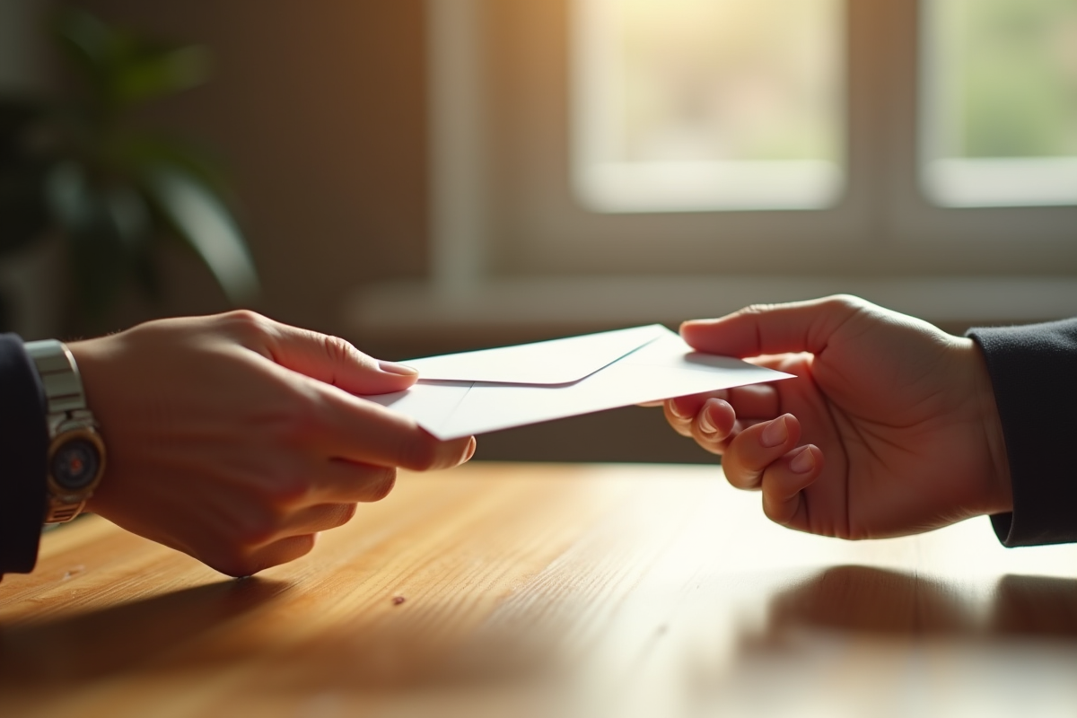 Deux mains échangeant une enveloppe blanche sur une table en bois