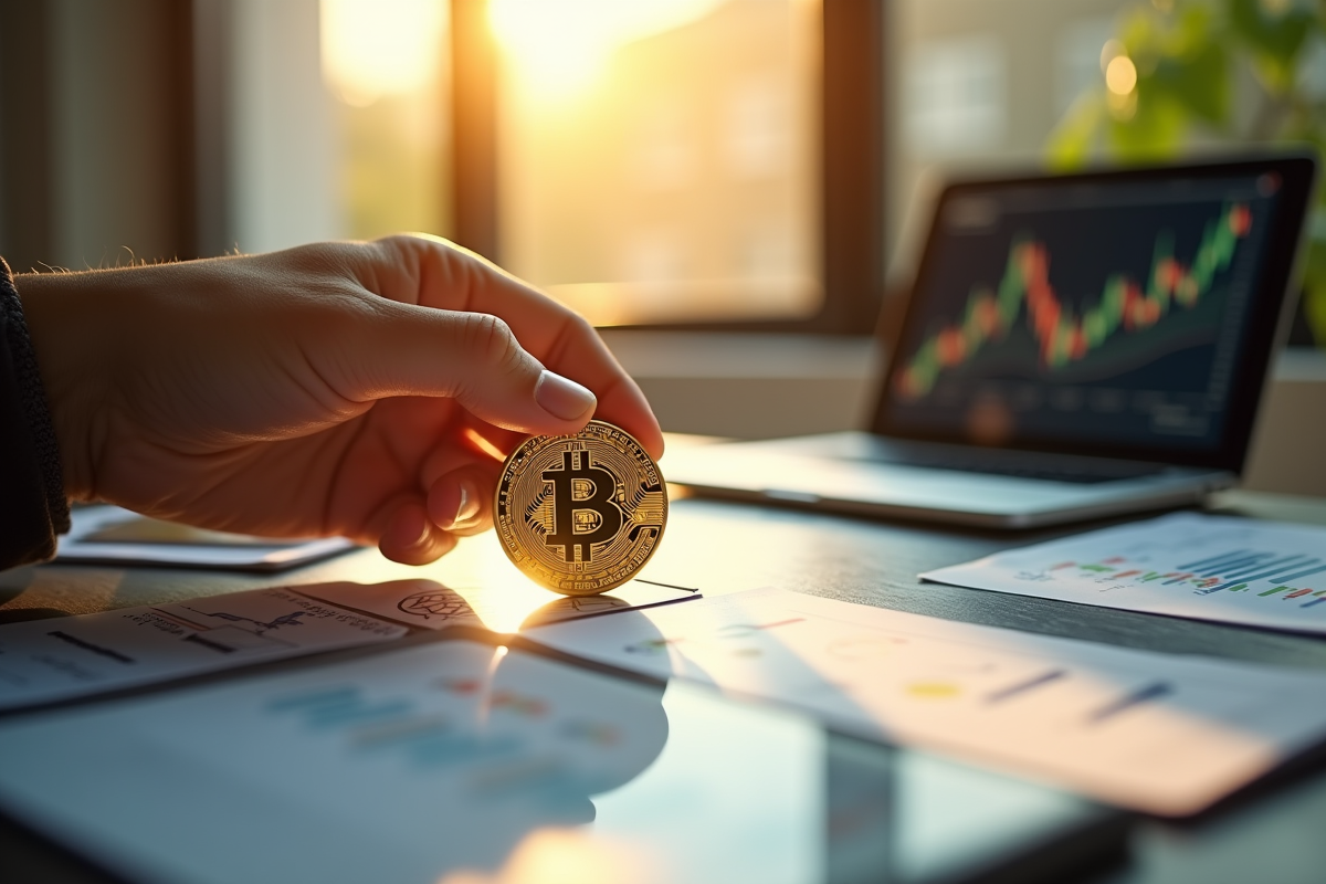 Main tenant une pièce d or bitcoin sous lumière naturelle