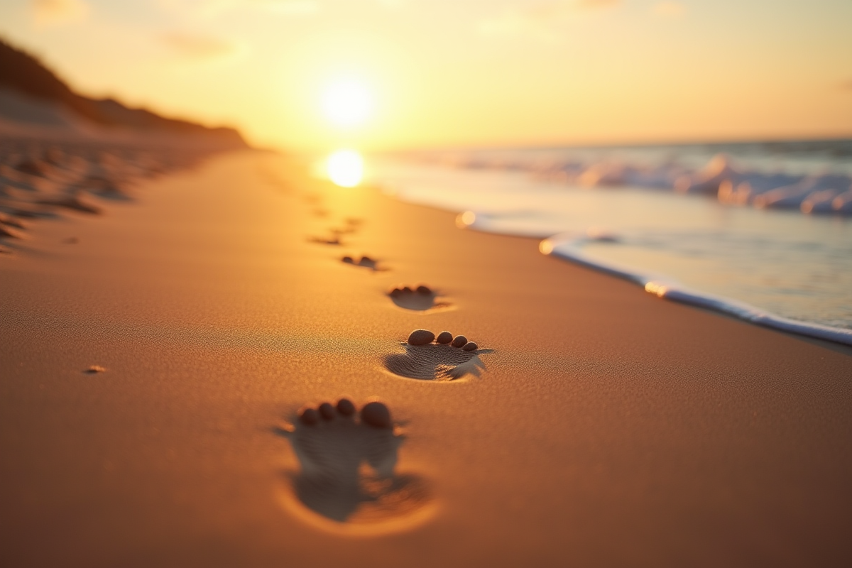 Empreintes dans le sable au lever du soleil symbolisant la retraite